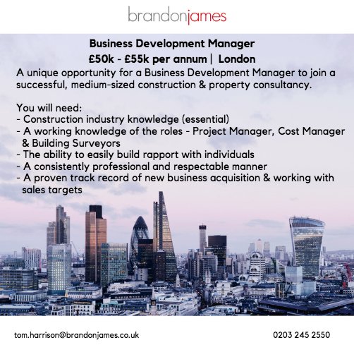 BrandonJamesJob's tweet image. Interested? Read more here - ow.ly/mYca30mFkXI or contact Tom Harrison on 01628 367042.

Looking for other opportunities? Visit our website at brandonjames.co.uk.

We’re always happy to discuss your next move.

#businessdevelopment #construction #london