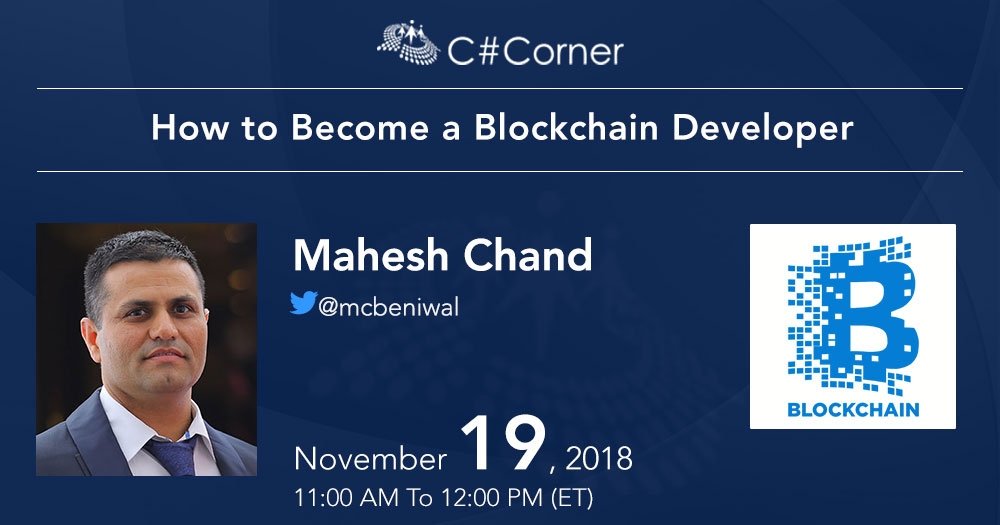 Two hours left till #Blockchain webinar starts. Join <a href="/mcbeniwal/">Mahesh Chand</a> to know how to become a #BlockchainDeveloper. goo.gl/QTPnDR #FreeWebinar