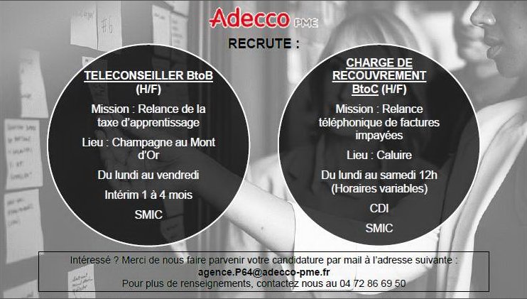 #AdeccoPME recrute ! Envie de vous investir dans une entreprise en plein essor ? N'attendez plus, envoyez nous votre CV ! #téléconseiller #chargederecouvrement #emploi #recrutement