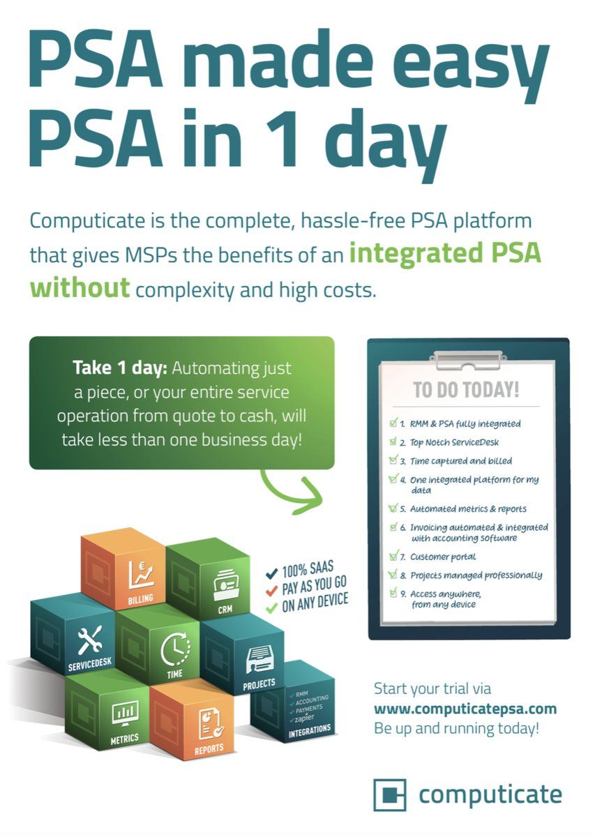 ComputicatePSA's tweet image. Always wanted a Servicedesk integrated with RMM, or a full PSA, but without the complexity? Check out PSA in a day buff.ly/2TkZ7Dh #MSPs #MSP #PSA