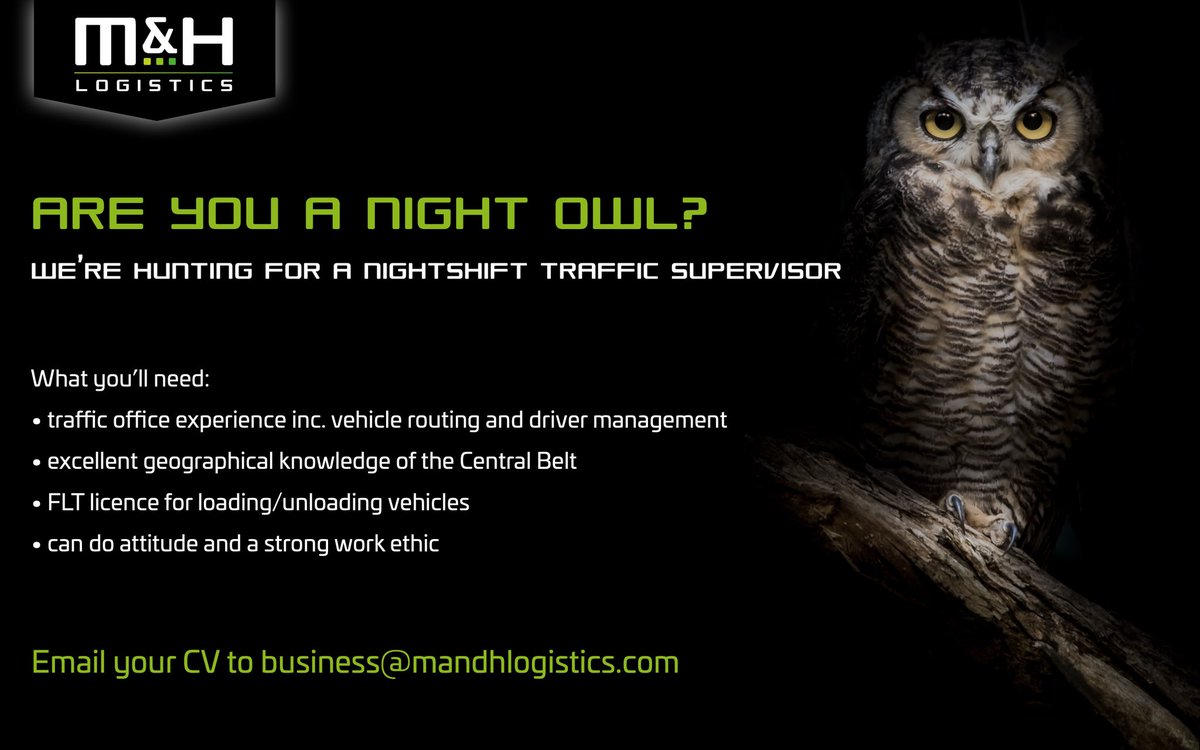 We’re on a hunt! 🦉🌒 🗺 📦 🚛  Are you the one? ☝🏻 The one delivering the goods... #logistics #jobs #glasgow