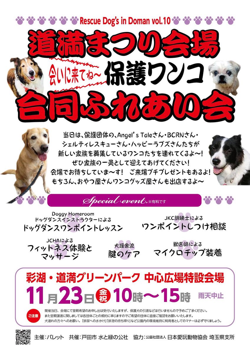 ハッピーラブズ Happylabs در توییتر 11 23埼玉県で合同ふれあい会が行われます 保護犬の紹介や大型犬 グッズ 洋服などのチャリティ販売や犬のおやつ屋さんなどの出店あり ハピラブからはルーク Bj ウィル 八姫が参加します 来てねーhttps T Co 4uzocae8gr