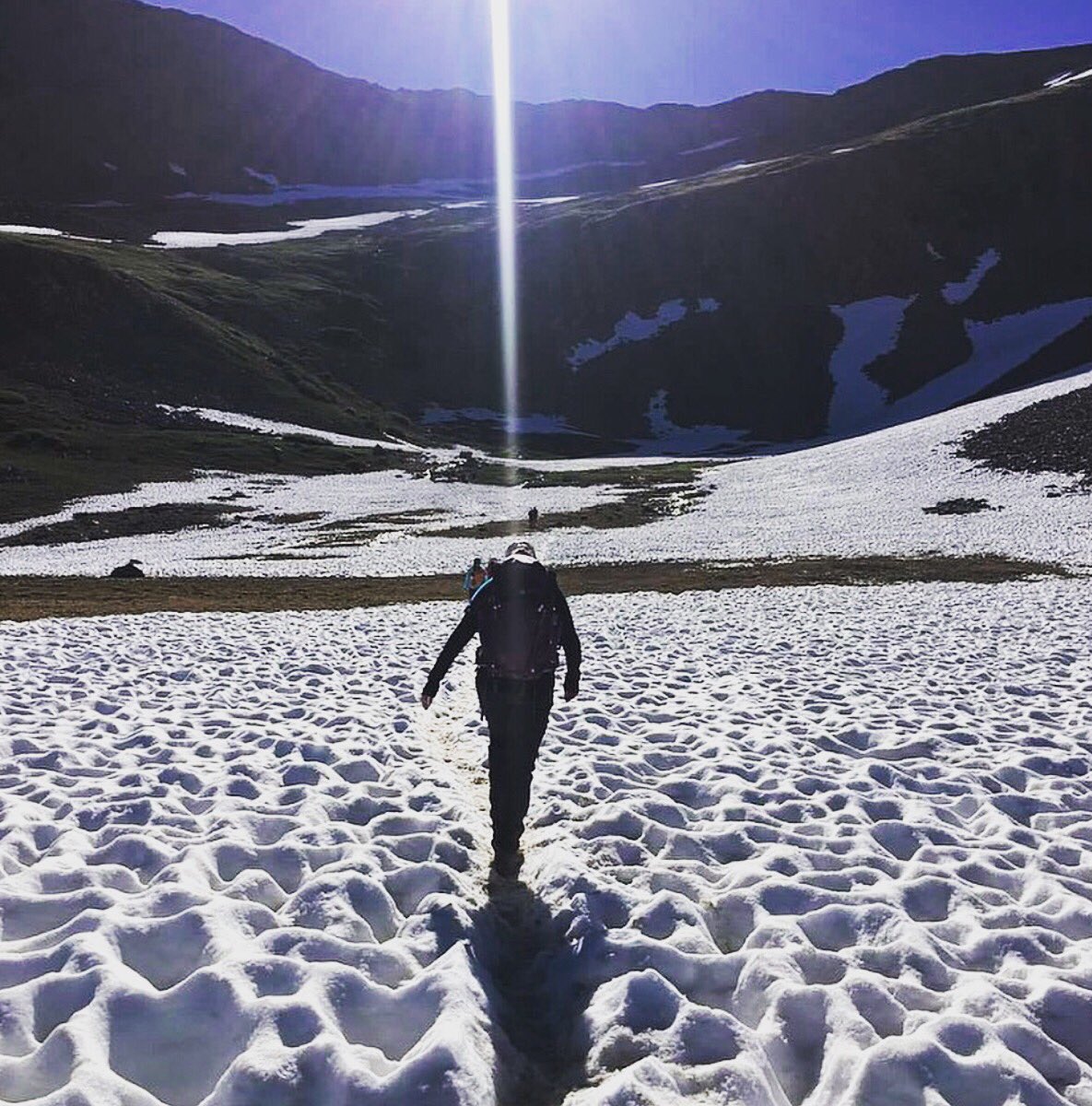 Crossing the snow field in the valley just below the final push for the summit of Huron Peak, summer of 2017. #snowfield #14ers #14ersofcolorado #colorado14ers #viewcolorado #coloradolove #coloradolife #mountainclimbing #14erlove #intothesun #14erphotography #summitfever
