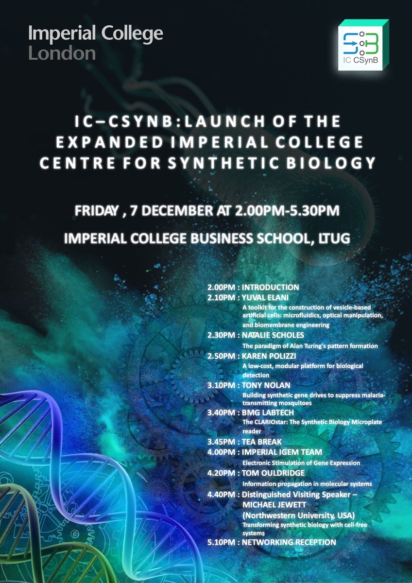 Prof Guy-Bart Stan (@gbstan) on Twitter photo Our #synbio activities <a href="/imperialcollege/">Imperial College London</a> have grown significantly over the last decade. We will be gathering Fri 7 Dec afternoon to launch the expanded Centre for Synthetic Biology <a href="/IC_CSynBio/">Imperial College Centre for Synthetic Biology</a> with a fantastic lineup of speakers! To register:
eventbrite.co.uk/e/imperial-col… Our #synbio activities <a href="/imperialcollege/">Imperial College London</a> have grown significantly over the last decade. We will be gathering Fri 7 Dec afternoon to launch the expanded Centre for Synthetic Biology <a href="/IC_CSynBio/">Imperial College Centre for Synthetic Biology</a> with a fantastic lineup of speakers! To register:
eventbrite.co.uk/e/imperial-col…