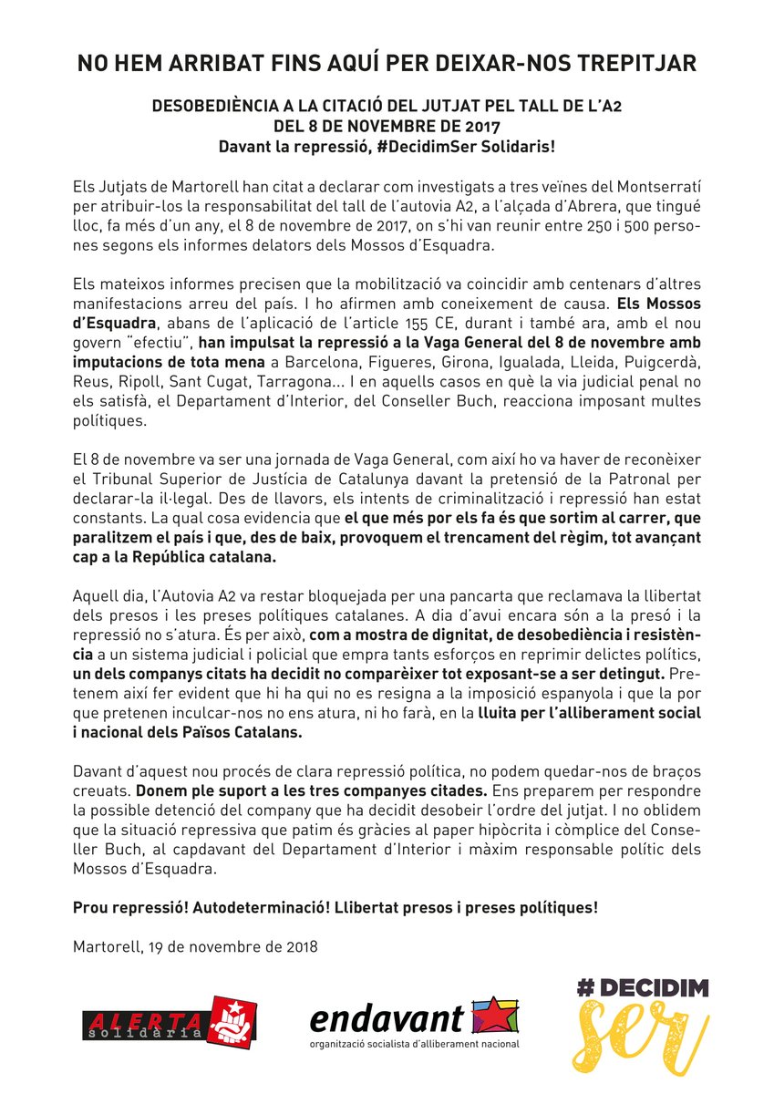 cdrCastllbisbal's tweet photo. El #8N va ser una jornada de Vaga General.

Cap encausada per exercir els nostres drets.

#FerVagaNoÉsCapDelicte 
#DecidimSer lliures!
#NoEsteuSoles https://t.co/ctM0WgJWJf https://t.co/xFICxlXFjc