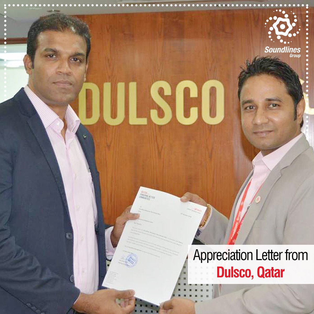 A #moment of #honour!
We, at #SoundlinesGroup, are #proud to receive a letter of #appreciation from #Dulsco, one of the reputed names across #MiddleEast for their #humanresource #deployment #services #LetterOfAppreciation #MomentOfHonour #HR #OverseasRecruitment #Qatar #Manpower