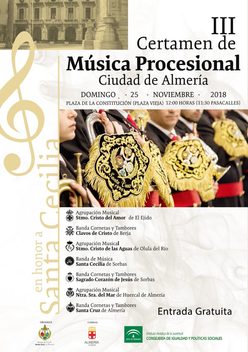 📣 NOTICIA 📣
El próximo domingo estaremos participando en el "III Certamen de música procesional, ciudad de Almería".
Dicho certamen tendrá lugar en la emblemática plaza vieja de nuestra capital a partir de las 11:30.
¡Os esperamos a todos!
#Mar⚓