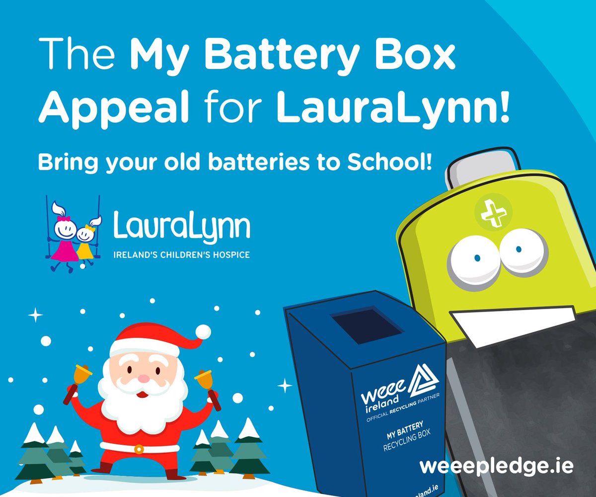 WEEEPledge2's tweet photo. Our annual Christmas #BatteryBoxAppeal for @LauraLynnHouse is happening right now. All you have to do is recycle waste batteries in your school to help protect the environment &amp; raise vital funds for this wonderful charity too! #EveryBatteryCounts! 💚💙💜 https://t.co/fcYBidD086