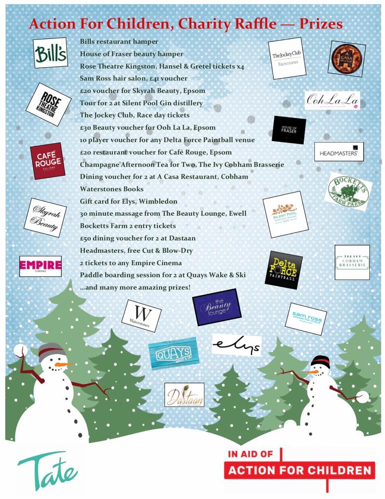 TateEpsom's tweet photo. This year, Tate in Epsom are supporting Action for Children in the build up to Christmas! If you are interested in buying any raffle tickets please email annie.drake@tate.co.uk or call 01372724404. We have some great prizes to be won! #Tate #Voluntate #ACTIONForTheChildren https://t.co/vKHX0PNjjs