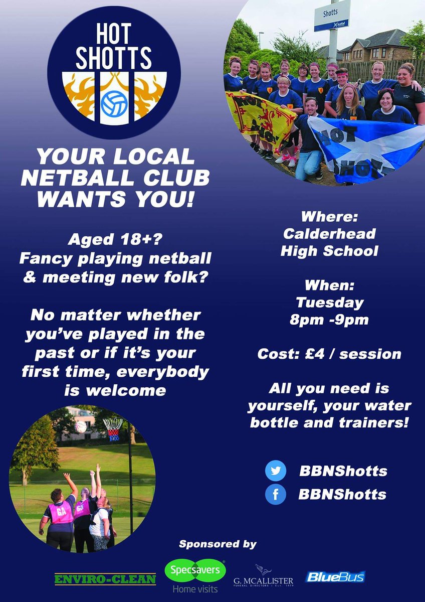 Hot Shotts would like to thank Enviro-Clean (Scotland) Ltd, Specsavers, G. McAllister Funeral Directors and Blue Bus for helping the club get some kit sorted out and supporting us on our netball journey. We will post a photo of the kit which I have been told is coming to us soon!