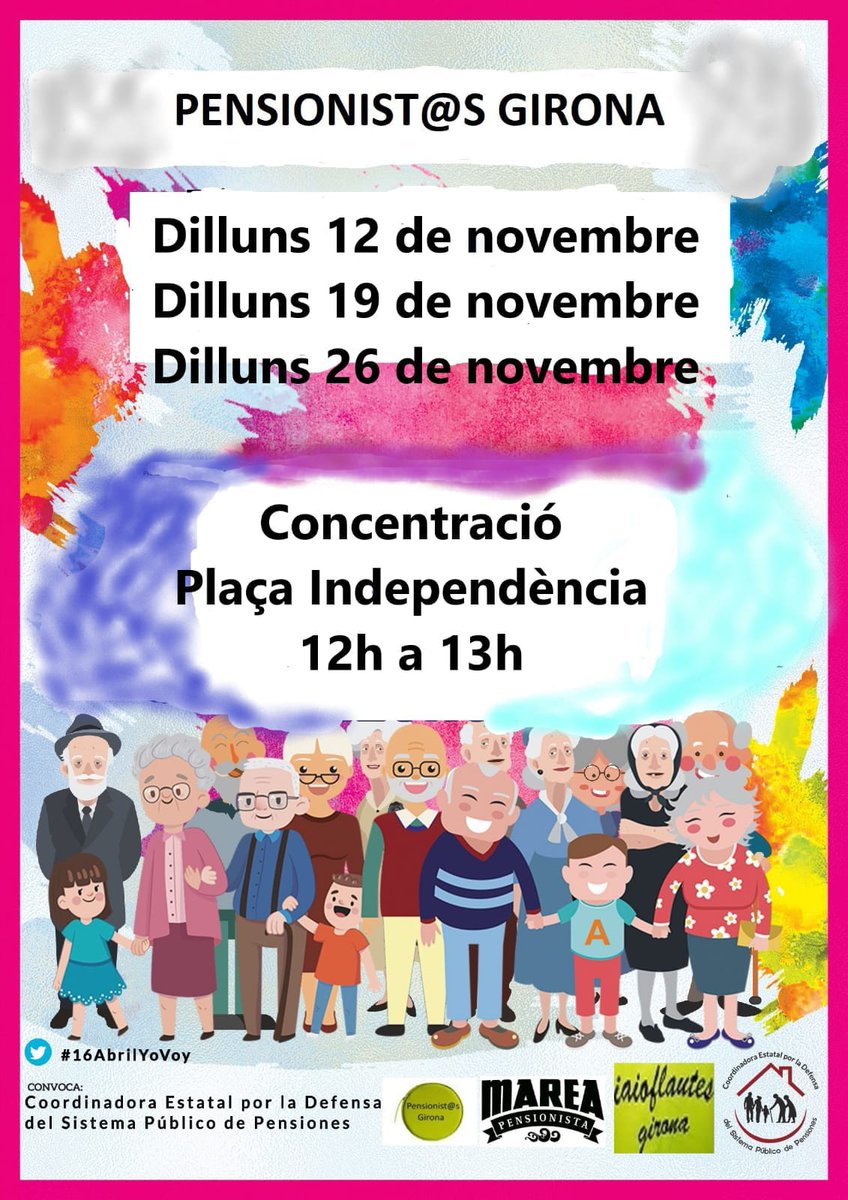 Un dilluns més estem donant suport a les reivindicacions dels Iaioflautes i la Marea Pensionista.

Recordeu que dilluns que ve, dia 26/11, ens tornem a concentrar a les 12h a la pl. Independència!