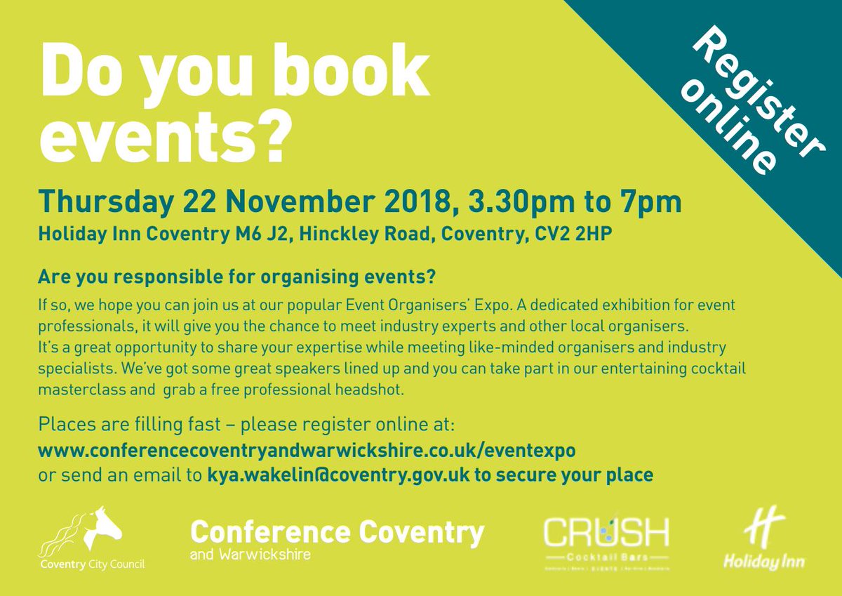There are only 3 days left to register to attend the Coventry &amp; Warwickshire Event Organiser Expo where you will get the opportunity to listen to <a href="/taylorlynncorp/">Taylor Lynn Corporation</a> and the board at <a href="/BhamPAforum/">BirminghamPAforum</a> PLUS much more! …nferencecoventryandwarwickshire.co.uk/homepage/18/ev…

#MondayMotivation  #cwconf18 #MICE #eventprofs