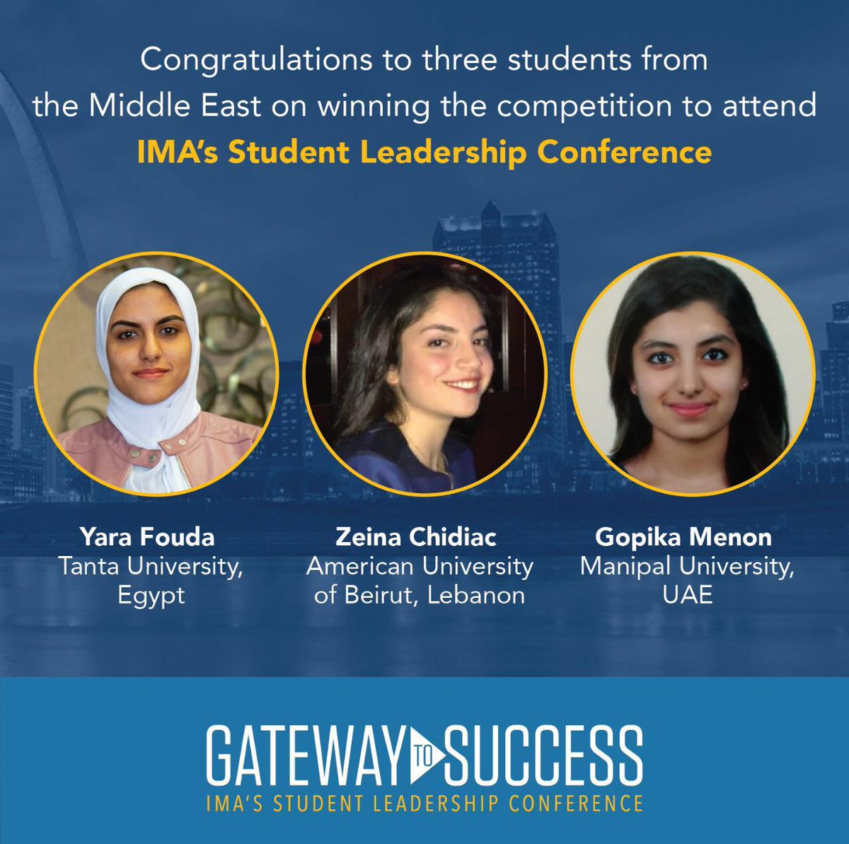 imamiddleeast's tweet photo. Get to know the lucky students from the MENA region who joined IMA's Student Leadership Conference in St. Louis, Missouri, USA. Congratulations, ladies! Want to hear all about their experience? Watch out for our next posts! #IMASLC18 https://t.co/xHNm9JoPPz