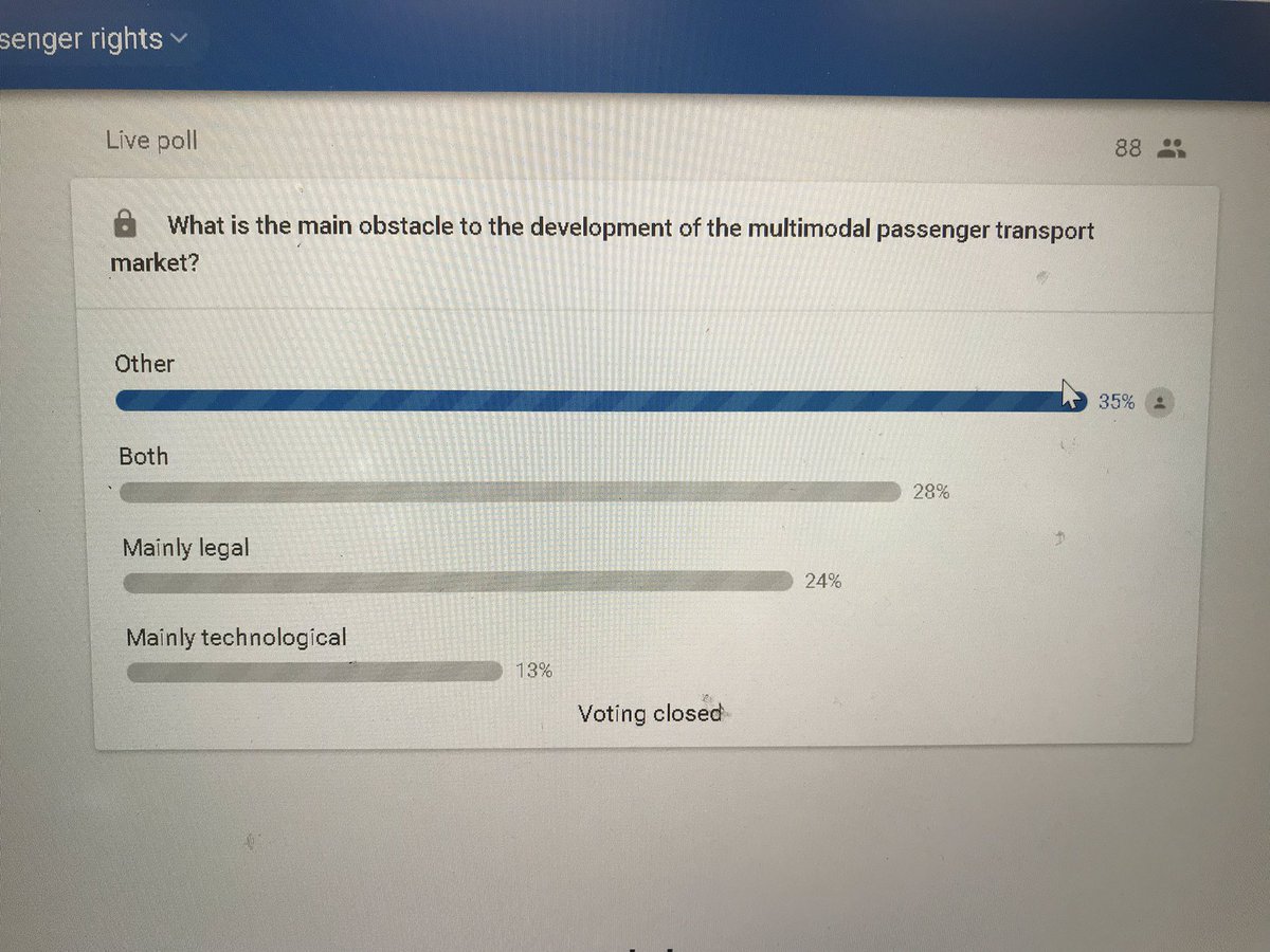 PiiAnnika's tweet image. Poll among attendees #EUMultimodalityYear event reveals that barriers of #multimodal transportation are seen to be somewhere else than in #regulation or #technology.