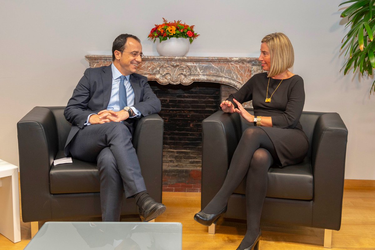 CyprusinEU's tweet photo. Bilateral meeting in the margins of today's #FAC in Brussels between FM @Christodulides and HR @FedericaMog.
#CyprusProblem, #EU-#Turkey, #EnergyDevelopments, #EastMed, #RegionalDevelopments, #EUAffairs https://t.co/59d9rIbmLx