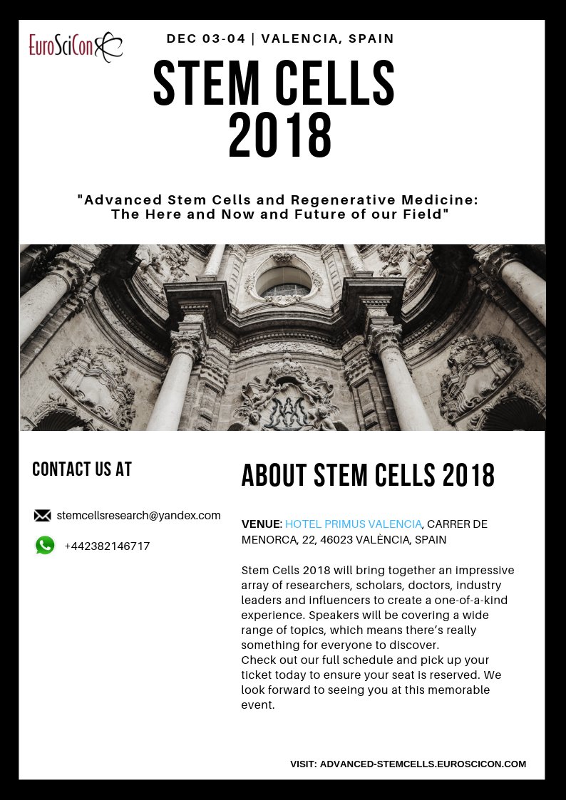 For bookings: advanced-stemcells.euroscicon.com/registration     
Few days to go places are filling up rapidly for the foremost #StemCells 2018.  If you are thinking of attending, please do not delay as you may miss out
<a href="/SYNBiologics/">SYNBiologics</a> <a href="/Capricor/">Capricor Therapeutics</a> @ViaCyte <a href="/novonordiskus/">Novo Nordisk US</a> <a href="/UKSCF/">UKSCF</a> <a href="/EuropeanCancer/">European Cancer Organisation</a>