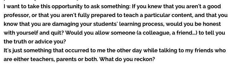 TeacherMaik's tweet photo. En su blog del portfolio digital, una alumna del máster ha hecho una pregunta digna de compartir: "Si supiésemos que no estuviéramos en buen momento de profesión docente, o que estuviésemos mal preparados en cierta materia, ¿seríamos capaz de cambiar de trabajo? @ftsaez https://t.co/KAZrmUe1NI