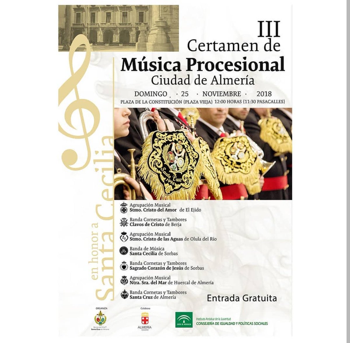 📣 NOTICIA 📣
El próximo domingo 25 de Noviembre  estaremos participando en el "III Certamen de música procesional, Ciudad de Almería", organizado por <a href="/santacruzalm/">Santa Cruz Almería</a>
El certamen tendrá lugar en La Plaza de la Constitución(Plaza Vieja)
#essentiaamoris 
#suenaelamor