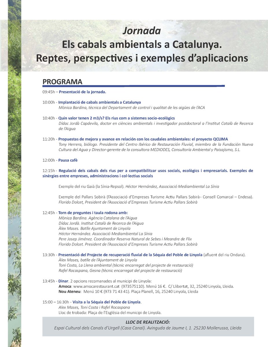 Jornada "Els cabals ambientals a Cat". Presentació de la Implantació de cabals ambientals a Catalunya  a càrrec de <a href="/aigua_cat/">ACA</a> 

📍Dijous 29 de novembre a Mollerussa

Més info i programa a: bit.ly/2PXCi9u  
⚠️Cal inscripció prèvia: bit.ly/2zLehsi