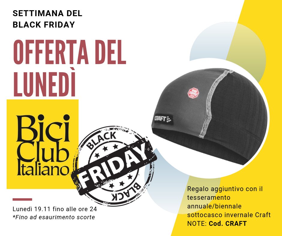 Parte la settimana del #BlackFriday del #BiciClubItaliano. Solo per oggi, con il tesseramento, oltre ai regali del mese in REGALO un sottocasco invernale Craft (taglia M). Basta indicare nel campo "Note" al momento dell'ordine il Cod. "CRAFT"
biciclub.it