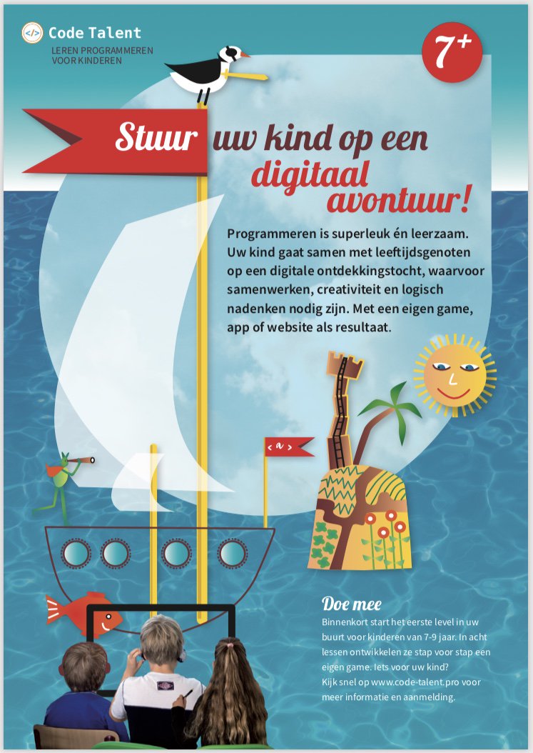 Onderwijs_pro's tweet photo. Code Talent is een superleuke doorlopende #leerlijn Leren #programmeren voor kinderen vanaf 7 jaar. In januari 2019 gaan wij met Level 1 van start in #Utrecht en #Rotterdam. Waarom dit zo interessant is voor uw kind? Kijk op https://t.co/Vn0Xdz2Qd0 voor meer info en inschrijven. https://t.co/cinDCxzdrL