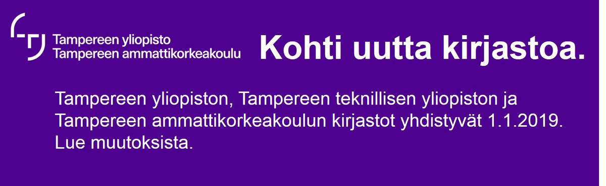 UTA_Library's tweet image. Mikä muuttuu, kun kirjastot @TampereUni  ja @TAMK_UAS yhdistyvät uudeksi Tampereen yliopiston kirjastoksi? Seuraa muutossivuamme info2019.tuni.fi/kirjasto/ jonne pääset kätevästi verkkosivujen bannerista. #uusikirjasto2019