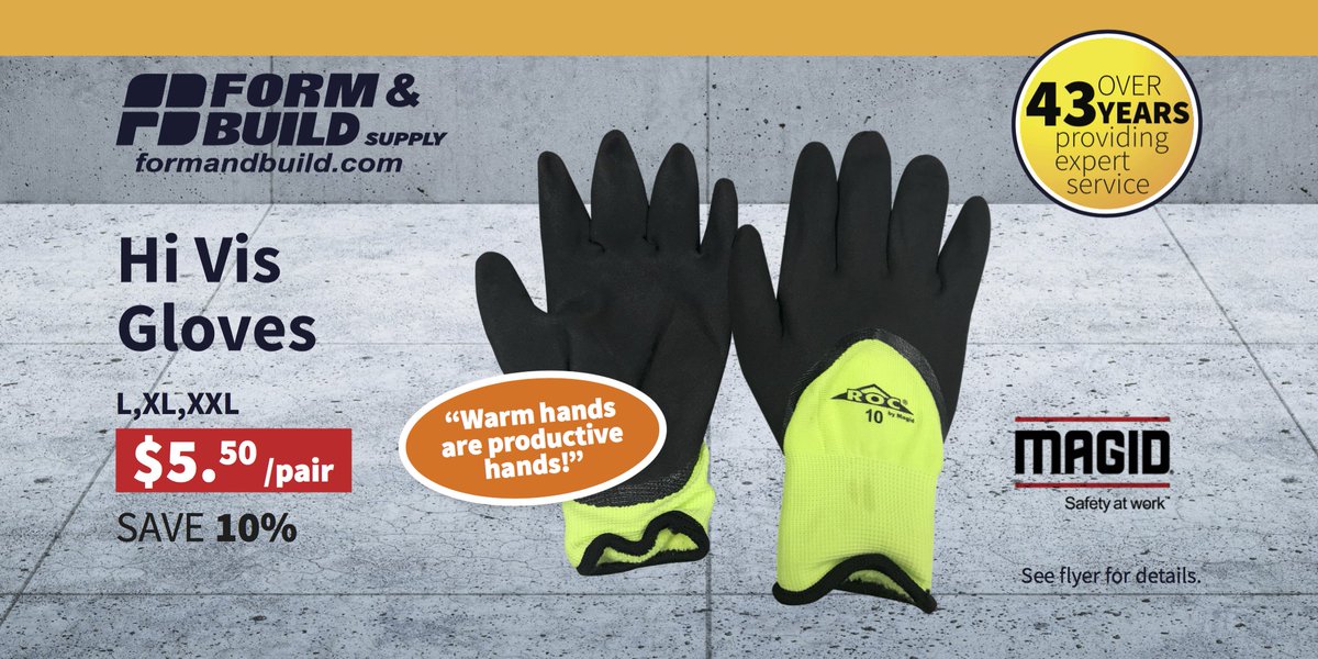 Work smart AND hard – keep those hands warm this winter. #DecorativeConcrete #ConcreteProductReady #ConcreteOntario #London #Hamilton #Windsor #Kitchener #Mississauga #Gloves #Magid #WhatGreatCustomerServiceLooksLike! Visit formandbuild.com or see you @ 1of 5 Branches