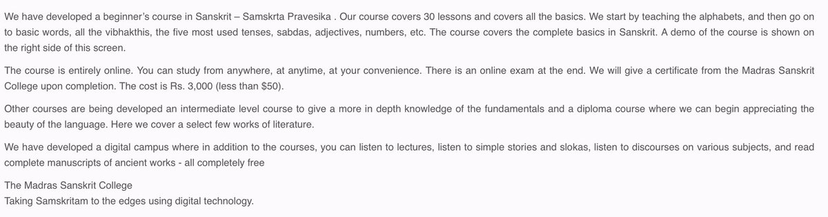  #StartupSamskritam 36h/t @baharampuri Madras Sanskrit College runs an excellent structured Online course ‘संस्कृत प्रवेशिका’ for beginners. The course covers all key introductory topics in an engaging manner. An overview of the course and pedagogy -  https://digital.madrassanskritcollege.edu.in/site/home 