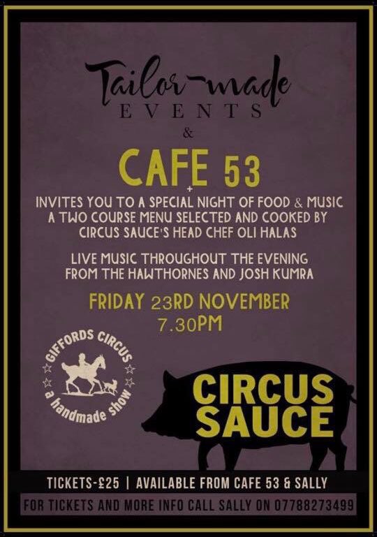 Just a few tickets left for our Circus Sauce evening this Fri 23rd. We have Gifford Circus chef Oli Halas creating a wonderful menu + live music from The Hawthorne’s &amp; Josh Kumra! Call today to book a ticket