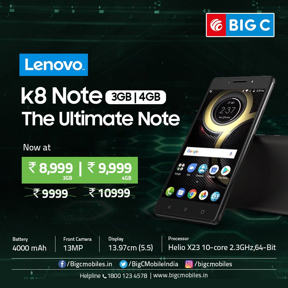 BigCMobilesIND's tweet photo. The Ultimate Note #LenovoK8Note now an affordable price at #BigCstore
Head to your nearest #BigC store to grab this.
#BigCMobiles #Lenovo #K8Note #SmartPhones #TheUltimateNote https://t.co/6Q72y7CSQz
