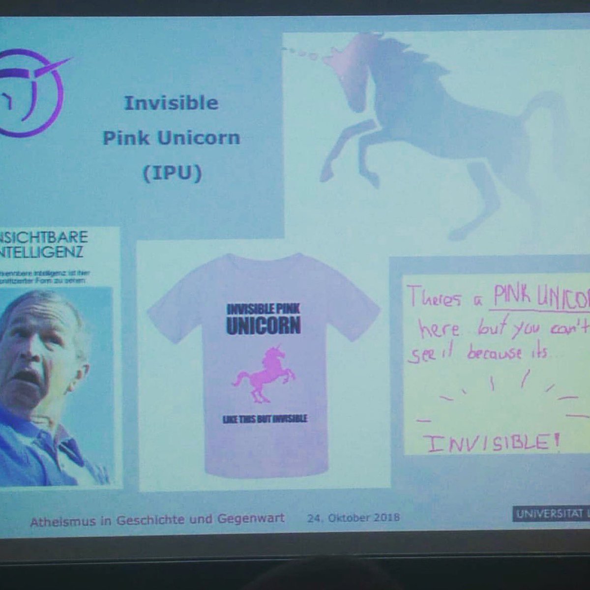 IPUORG's tweet image. Such a cool IPU spotting 🤩 Professor Dr. Horst Junginger had a lecture at University of Leipzig about atheism in history and present (Atheismus in Geshichte und Gegenwart) and the IPU symbol played a part 🤗

#ipuspotting #ipusymbol #invisiblepinkunicorn #atheism #atheistsymbol