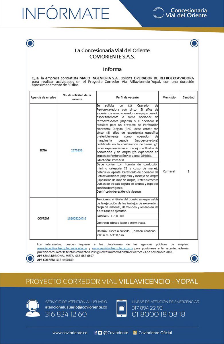 AlcCumaral's tweet photo. @Covioriente , se permite informar y a su vez solicitar su colaboración para divulgar las siguientes vacantes para desarrollar actividades en La doble calzada #Villavicencio - #Cumaral 

Ayudante Técnico en Pintura 
(2) Obreros 
Operador de Retroexcavadora 
Pintor Sandblastero https://t.co/QueTjKkxD6