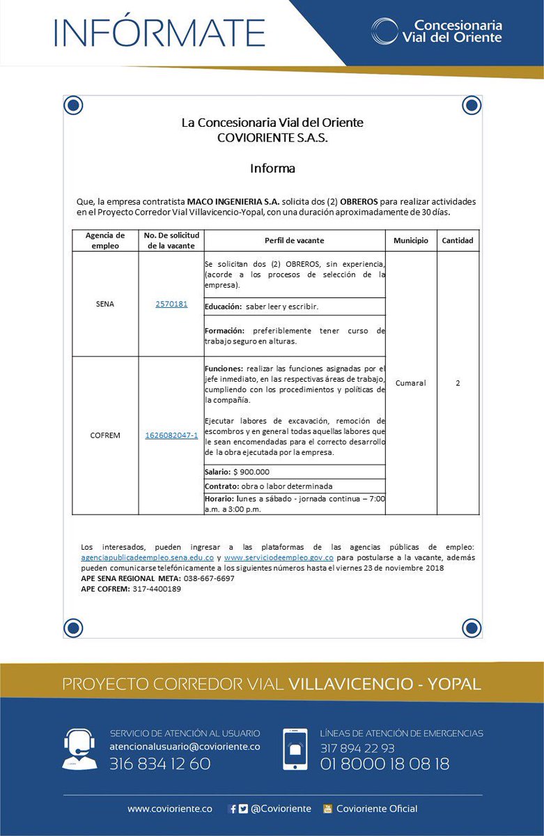 AlcCumaral's tweet photo. @Covioriente , se permite informar y a su vez solicitar su colaboración para divulgar las siguientes vacantes para desarrollar actividades en La doble calzada #Villavicencio - #Cumaral 

Ayudante Técnico en Pintura 
(2) Obreros 
Operador de Retroexcavadora 
Pintor Sandblastero https://t.co/QueTjKkxD6
