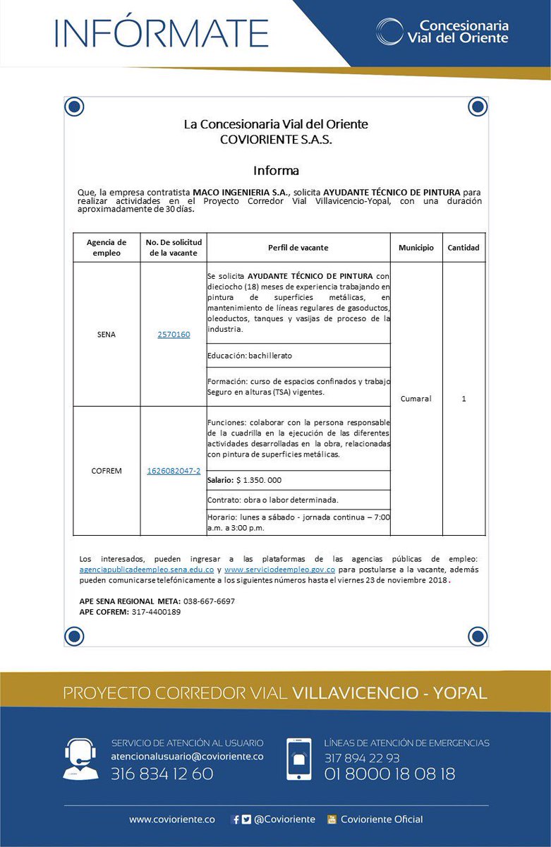 AlcCumaral's tweet photo. @Covioriente , se permite informar y a su vez solicitar su colaboración para divulgar las siguientes vacantes para desarrollar actividades en La doble calzada #Villavicencio - #Cumaral 

Ayudante Técnico en Pintura 
(2) Obreros 
Operador de Retroexcavadora 
Pintor Sandblastero https://t.co/QueTjKkxD6