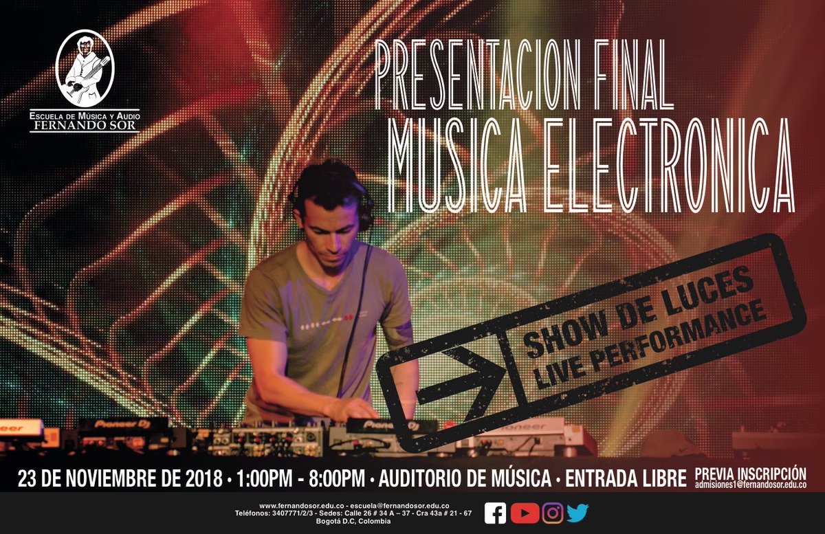 Asiste a la presentación final de música electrónica, inscribiéndote totalmente gratis al correo: admisiones1@fernandosor.edu.co
Los esperamos!