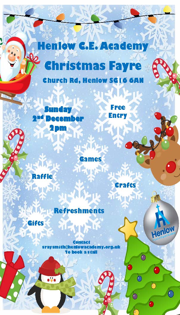 HenlowPTA's tweet photo. Save the date - Henlow Academy PTA Christmas Fayre, Sunday the 2nd of Dec 😄🎄 https://t.co/XcHBTwlEWv