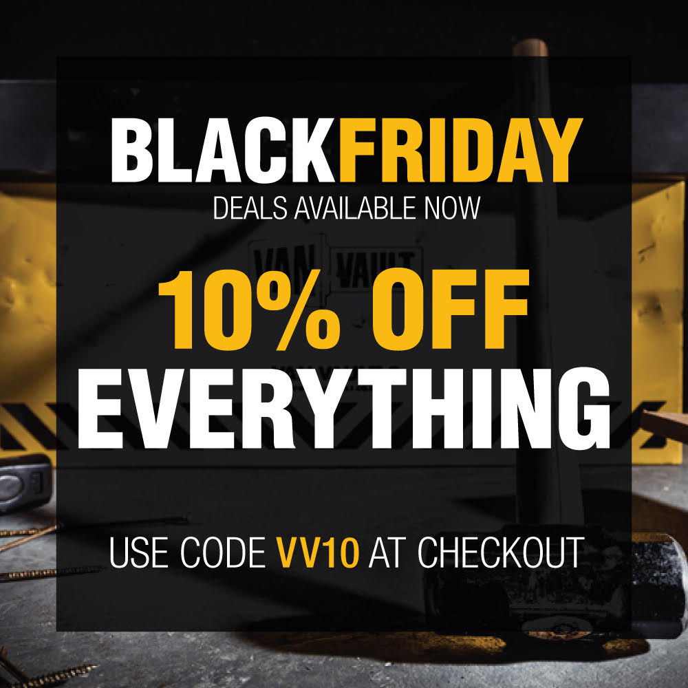 VanVault's tweet photo. Our "Black & Yellow" Friday event starts NOW! Get 10% off everything online this week only using code: VV10. Shop here: https://t.co/MxUTDKCbGT #tooltheft #protectyourtools #vantooltheft #vansecurity https://t.co/zuPzSN9vmn