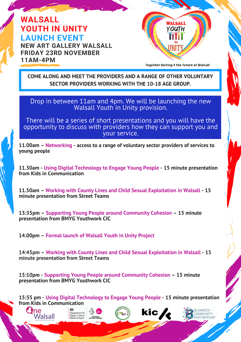One_Walsall's tweet photo. We're incredibly excited about the launch of the Walsall Youth in Unity programme this week. Have you booked your ticket? @ExpressandStar will you be joining us? All the details, including how to book your FREE ticket, is here: https://t.co/FyTI7V6np4 https://t.co/4hBt9UtjXc