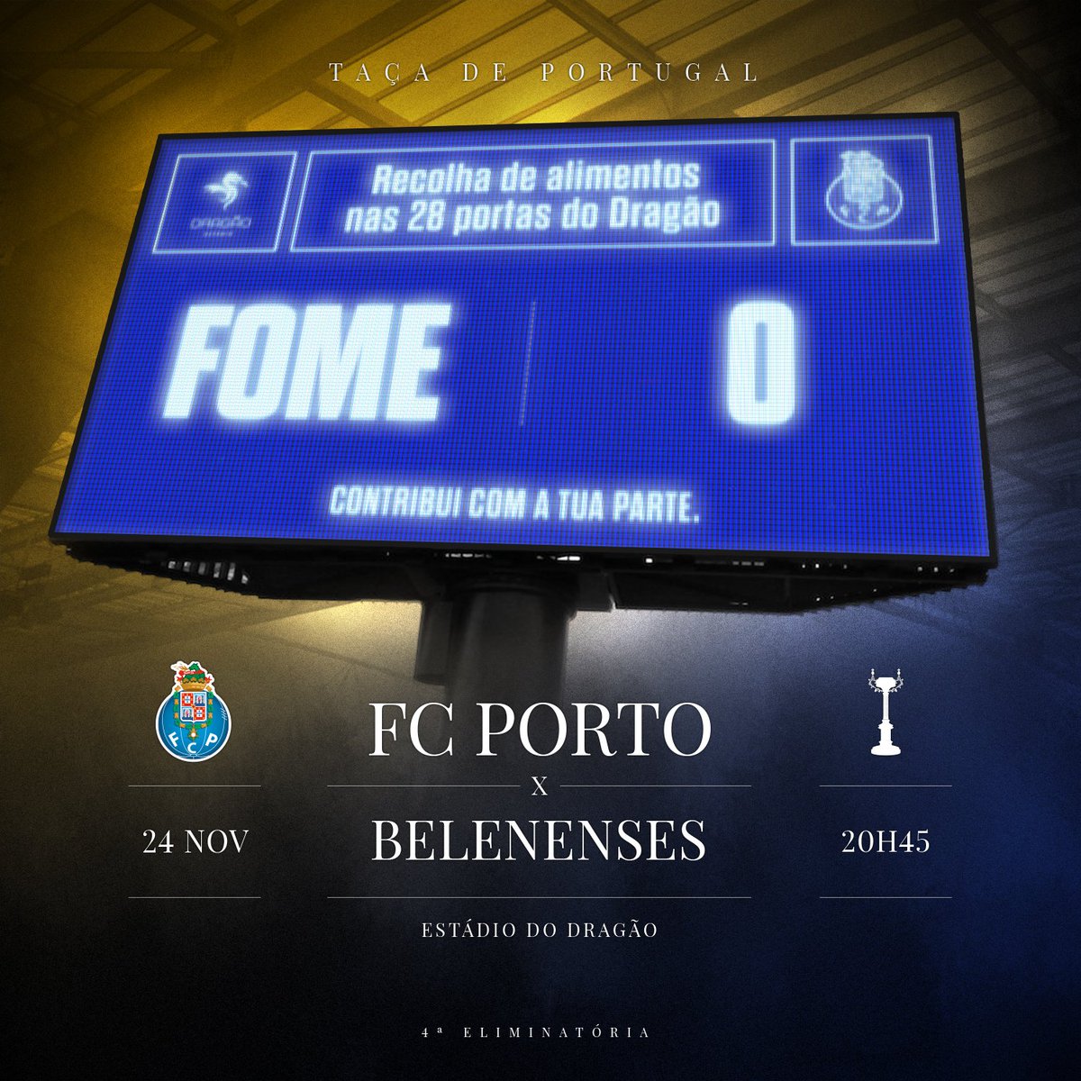 🔵⚪ O FC Porto associou-se à causa "Fome Zero" e vai levar a cabo uma campanha de recolha de alimentos no FC Porto-Belenenses
👉 Em todas as portas do Dragão serão colocadas caixas de recolha
💪 Os interessados deverão trazer bens alimentares não perecíveis
#FCPorto #FCPBEL