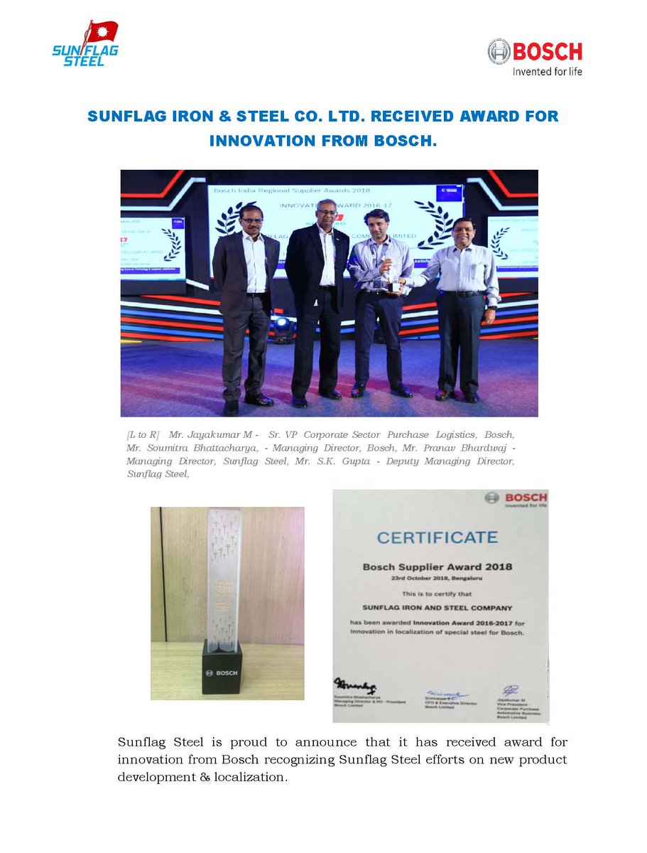 Sunflag_Steel's tweet photo. Sunflag steel is proud to announce that it has received award for innovation from BOSCH recognizing Sunflag steel’s efforts on new product development and localization.
.
#awardwinners #pune #delhincr #internationalstandards #railways #sunflagsteel #iron #steel #indiansteel https://t.co/Z5TvvFLb6P