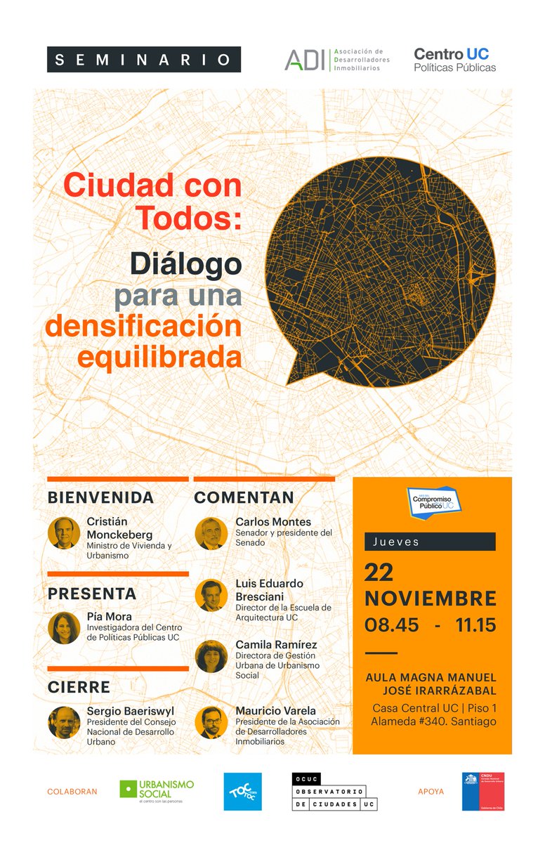 ARQ_UC's tweet photo. NOV 22 | “Ciudad con Todos. Diálogo para una densificación equilibrada”
Presenta @piamorac , investigadora @cppublicasuc 
Comentan @LEBresciani , @carlosmontestwt, presidente Senado, Camila Ramírez, directora Gestión urbana @urba_social , y @mauchovarela , presidente @ADI_CHILE https://t.co/glFyU97Un5