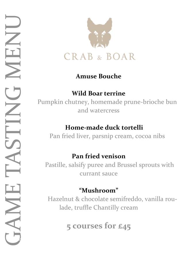 crabandboar's tweet photo. We're celebrating #GreatBritishGameWeek with our Game Tasting Menu, available for a limited time.

Book in today to give yourself a taste of these mouth-watering autumnal flavours! Menu ends Sunday 25th November #crabandboar https://t.co/Z1F6kAwqJ7