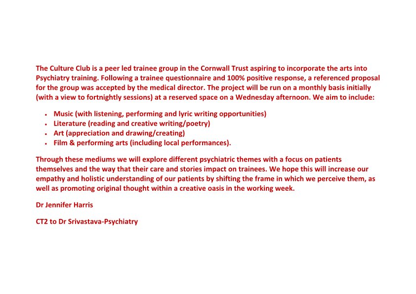 A group of Psychiatry junior doctors from Cornwall  have come up with a creative way of exploring psychiatric themes with a focus on patients;  using music, literature, art and film.  See the outline of this project one of the doctors shared during Spirituality Conference.