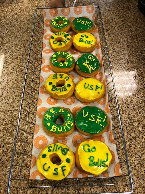 MKellyUSNA's tweet image. Our friends @dunkindonuts getting into the right frame of mind for rivalry week. #GoBulls #HornsUp 🤘