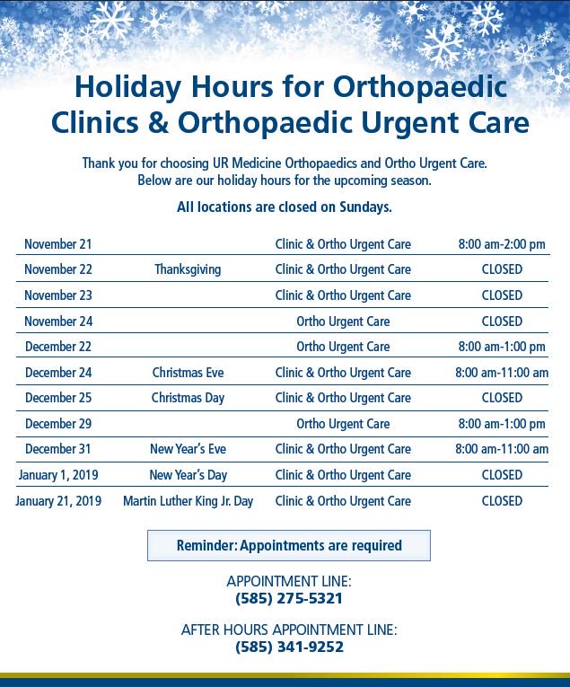 Don't forget! Our clinics and Ortho Urgent Care will be closing early today ahead of Thanksgiving tomorrow. All of our offices will close at 2 p.m. and will remain closed through the weekend. Have a safe holiday!
<a href="/URMCPedsOrtho/">URMC Peds Ortho</a> <a href="/UofR/">University of Rochester</a> <a href="/UR_Med/">UR Medicine</a> #ROC #medicine #Thanksgiving