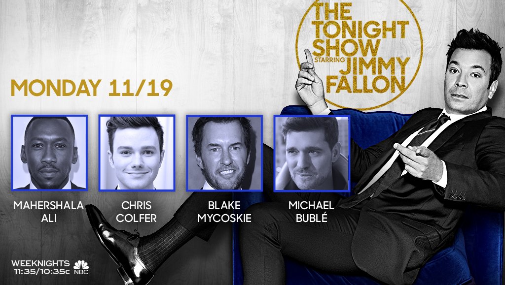 FallonTonight's tweet photo. Tonight on the show: Mahershala Ali, @chriscolfer, @TOMS' @BlakeMycoskie, and music from @michaelbuble! #FallonTonight https://t.co/pszIBpl5Bz