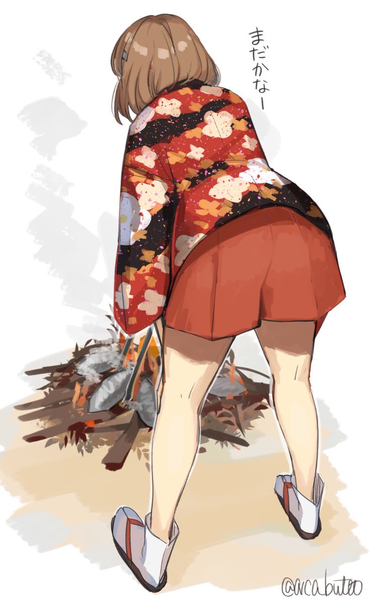 1girl solo brown hair from behind short hair twitter username skirt  illustration images