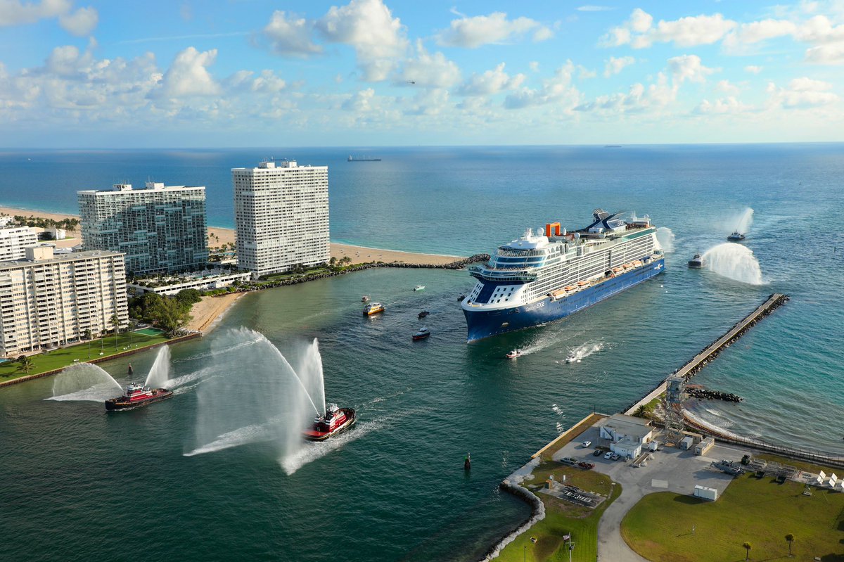 shipmonk's tweet photo. Beautiful shot from @CelebrityCruise  of Celebrity Edge arriving at the new Terminal 25 in Fort Lauderdale, Florida, today after a 4,000-mile transatlantic crossing. Can’t wait to board her on Sunday! https://t.co/OdKcdq0pMt
