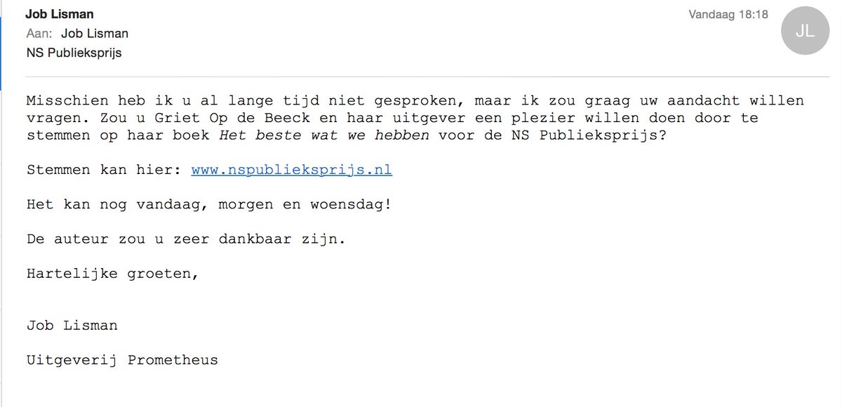 alinadeb's tweet image. Ze konden me destijds niet bellen dat ik de stageplek niet had gekregen, maar bijna 7 jaar na dato toch nog deze mail van @prometheusbb Dat noem ik toch hooguit wel bijzonder. @NSPublieksprijs #stemmenwinnen #nspublieksprijs