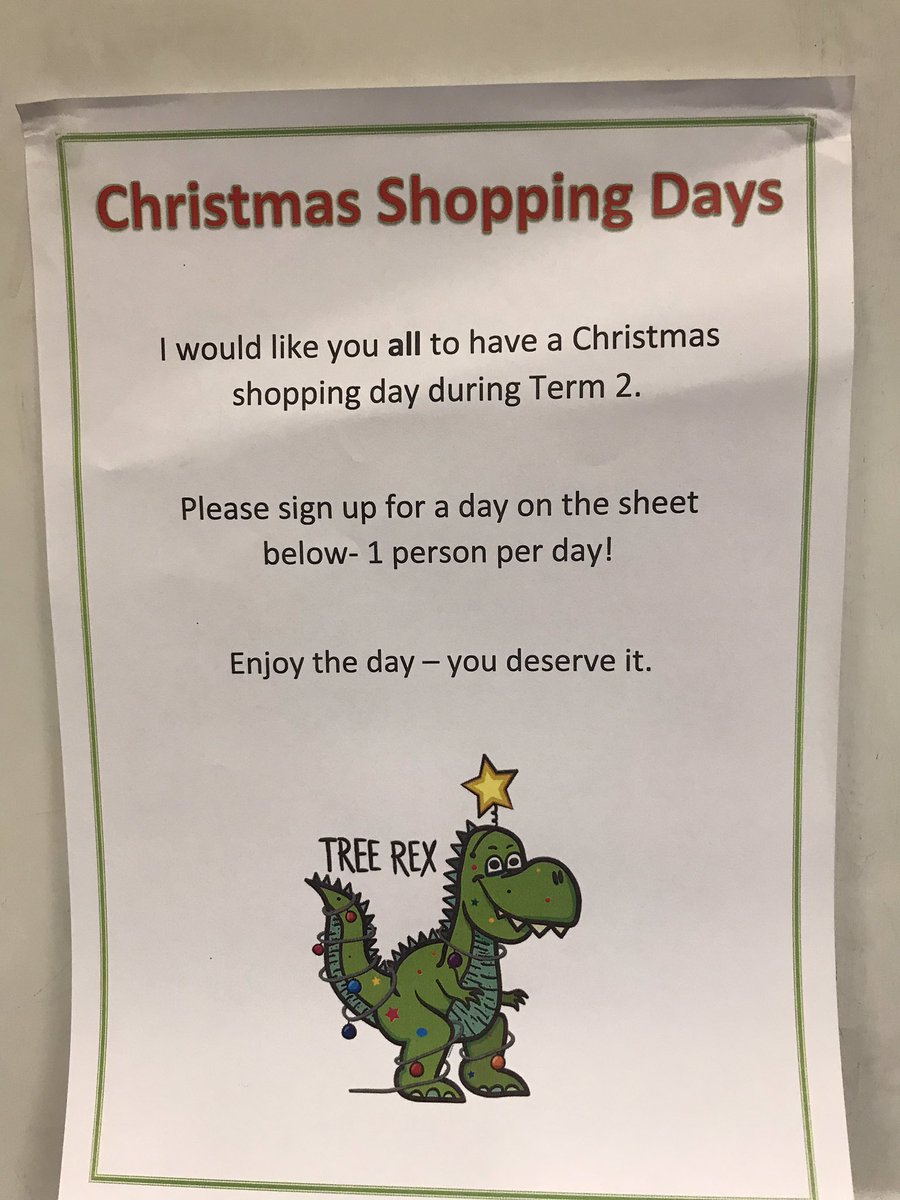MrJtalks's tweet photo. Oh my goodness! It’s happened again. I love this. Our head allows every member of staff to have a Christmas shopping day. He covers that person for the day. It’s so great to work for a school that values wellbeing. #Christmas #Wellbeing #teaching https://t.co/uY8upYqifQ
